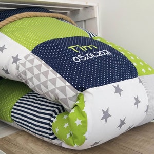 3-4 cm thick crawling blanket - patchwork - BLANKET - baby blanket dark blue/green/gray - with name/date/time/size/weight