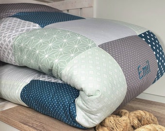 Coperta per gattonare - patchwork - coperta - coperta per bambini - menta/grigio/bianco - 3-4 cm di spessore - con nome ricamato - verde SALVIA / grigio talpa / petrolio