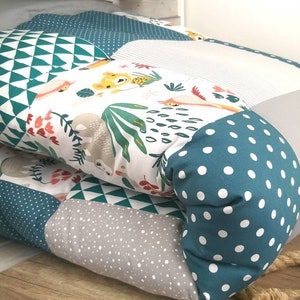 Tapis de jeu - patchwork - couverture - couverture bébé - JUNGLE pétrole/gris/blanc - 3-4 cm d'épaisseur - avec nom / date / heure / taille / poids