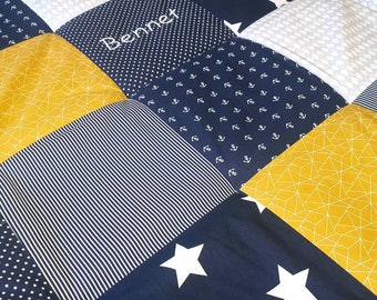Couverture d'éveil - patchwork - couverture - couverture pour bébé - menthe/gris/blanc - 3-4 cm d'épaisseur - avec nom brodé - ANKER bleu foncé / jaune moutarde / gris