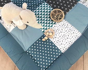 3-4cm dicke Krabbeldecke - Patchwork - Decke - Babydecke - TIPI Kaktus petrol / schwarz / weiß  - personalisierbar mit Namen