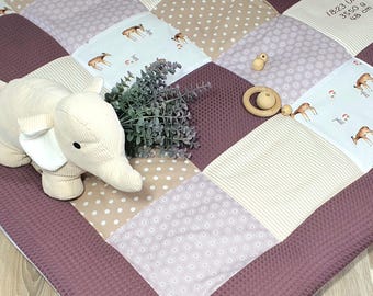 3-4 cm thick playmat - patchwork - waffle pique blanket - baby blanket - personalizable with name - mauve beige animals giraffe