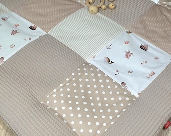 3-4 cm thick playmat - patchwork - blanket - baby blanket - SEA ANIMALS taupe beige white - personalizable with name