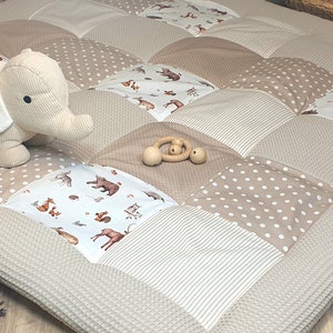 3-4cm dicke Krabbeldecke Patchwork Decke Babydecke WALDTIERE / beige sand / weiß personalisierbar mit Namen Bild 3