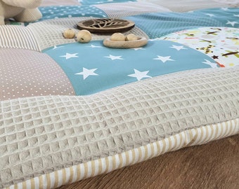 3-4cm dicke Krabbeldecke - Patchwork - Waffelstoff Decke - Babydecke -  mit Namen Autos Tiere Elefant Löwe mint türkis beige