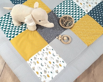 3-4 cm thick crawling blanket - patchwork - waffle fabric blanket - baby blanket - with name REGEBOGEN petrol mustard light gray