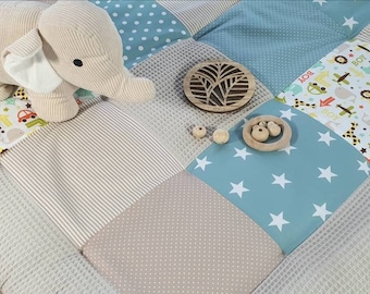 SOFORT lieferbar 3-4cm dicke Krabbeldecke - Patchwork - Waffelstoff Decke - Babydecke   Autos Tiere Elefant Löwe mint türkis beige