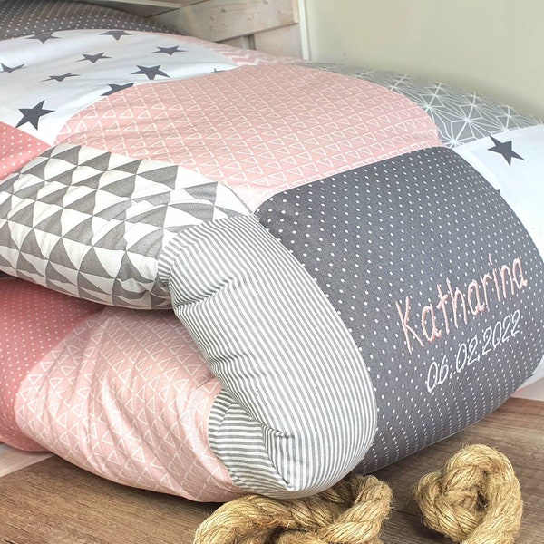 Crawling blanket - Patchwork - Blanket - Baby blanket - Stars powder pink/grey/white - 3-4 cm thick - with name / date / time / size / weight