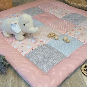 Crawling blanket - patchwork - blanket - baby blanket - BUNNY powder pink grey white - with name / 100 x 100 cm / 120 x 120 cm