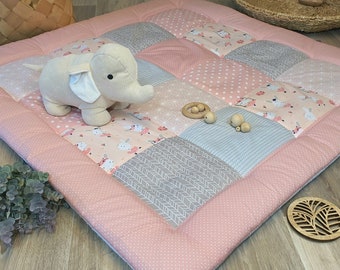 Crawling blanket - patchwork - blanket - baby blanket - BUNNY powder pink gray white - with name / 100 x 100 cm / 120 x 120 cm