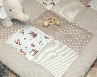 3-4 cm thick crawling blanket - patchwork - blanket - baby blanket - FOREST ANIMALS / beige sand / white - customizable with name