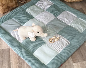 Tappetino da gioco spesso 3-4 cm - patchwork in tessuto a nido d'ape - coperta - copertina per neonati - con ricamo del nome - petrolio / grigio talpa
