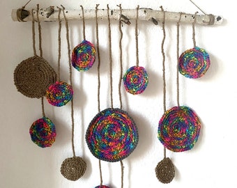 Hippie boho macrame wall hanging, crocheted wall decoration, birch wood