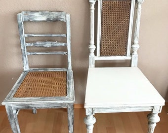2 shabby chic chairs with wickerwork