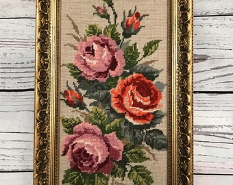 Embroidered flower picture in golden wooden frame