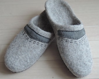 Gray Felted Wool Slippers – Leather Sole Mules, Mens Clogs