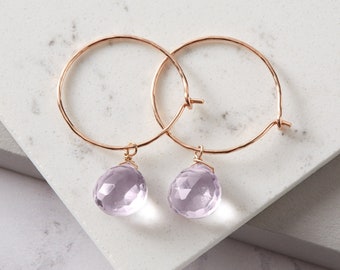 Pink amethyst rose gold hoop earrings, gold hoop earrings, pink earrings, pink amethyst brioletes,February birthday gift, gemstone earrings