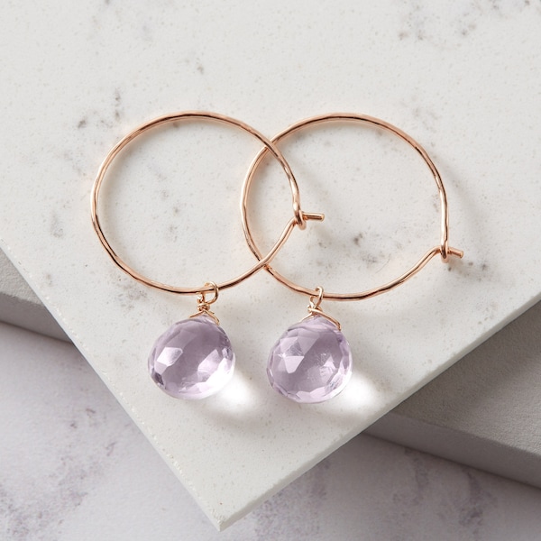 Pink amethyst rose gold hoop earrings, gold hoop earrings, pink earrings, pink amethyst brioletes,February birthday gift, gemstone earrings