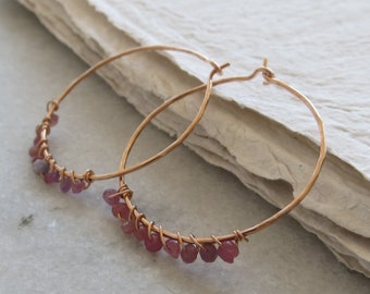 Rose Gold Fill Hoop Earrings with Tiny Faceted Rubies, Ruby Hoops,Birthstone Earrings, July Birthstone, Boho Hoop Earrings, Ruby Earrings