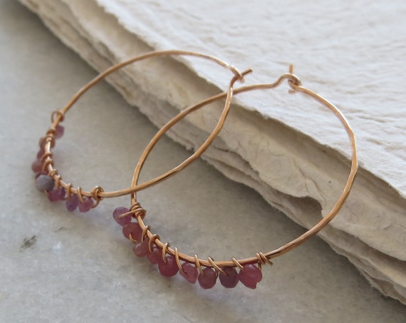 Rose Gold Fill Hoop Earrings with Tiny Faceted Rubies