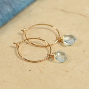 Aquamarine and Gold Hoop Earrings, Aquamarine Earrings, Aquamarine Jewelry, Green Hoop Earrings, Gemstone Summer Earrings, March Birthstone