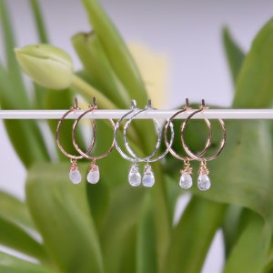Moonstone Hoop Earrings, Gem Hoop Earrings, Gemstone Drop Hoop Earrings Gold, Silver or rose gold, Moonstone Bridal earrings, June birthday