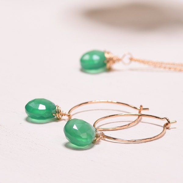 Emerald Green Onyx Gold Hoop Earrings,  Green Stone Earrings, Green Gemstone Earrings,May Birthstone, medium hoops, 14kt Gold Filled