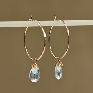 Aquamarine and Gold Hoop Earrings, Aquamarine Earrings, Aquamarine Jewelry, Green Hoop Earrings, Gemstone Summer Earrings, March Birthstone image 2