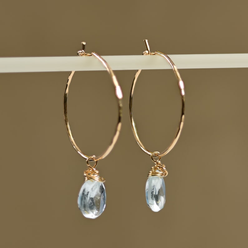 Aquamarine and Gold Hoop Earrings, Aquamarine Earrings, Aquamarine Jewelry, Green Hoop Earrings, Gemstone Summer Earrings, March Birthstone image 2