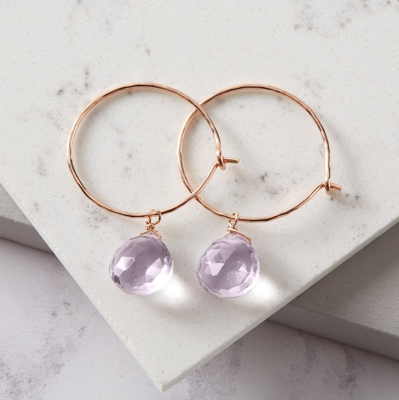 Pink amethyst rose gold hoop earrings