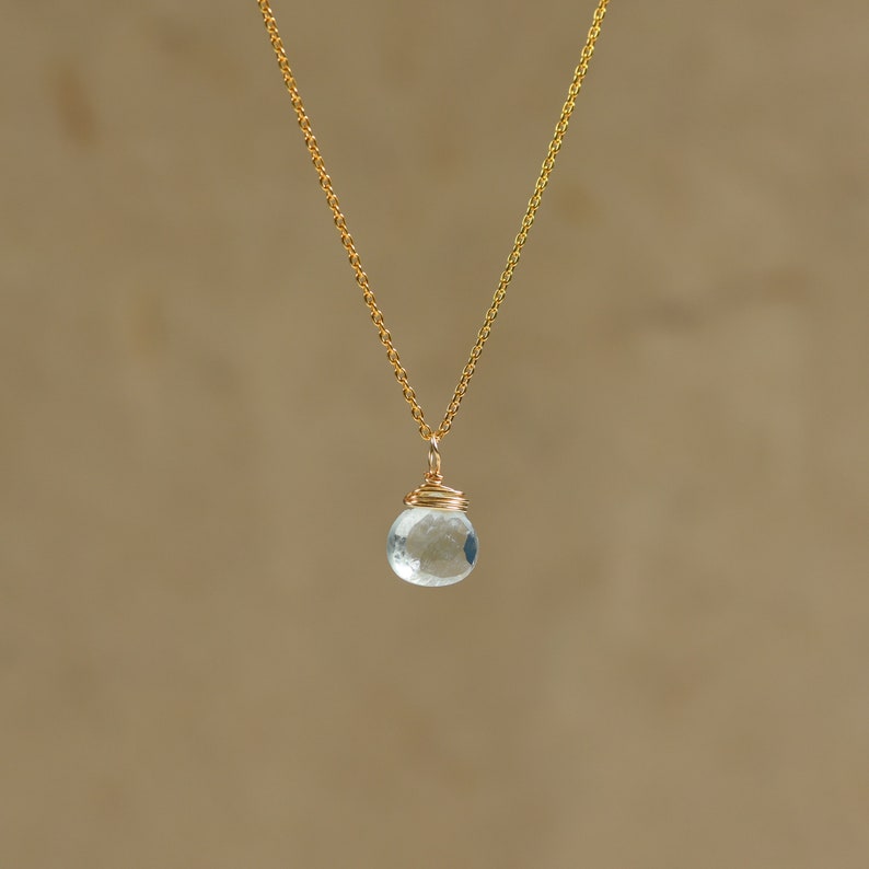Gold charm necklace with aquamarine, Aquamarine Necklace, March Birthstone, Simple Gemstone Necklace, 14k Gold Filled, Dainty Necklace image 2