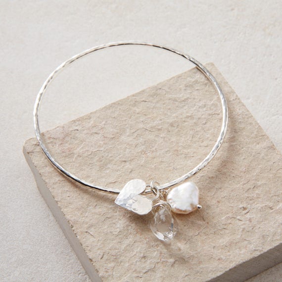 Raw Herkimer Diamond, Keishi Pearl and Silver Artisan Heart Bangle