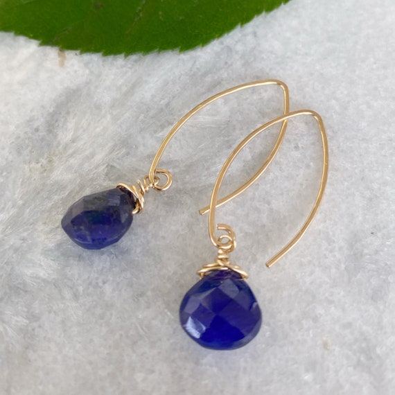 Blue Sapphire Gold Hook Earrings, 14K Gold Fill Hook Earrings, Dangling Sapphire Earrings, Gold Hook,  Sapphire Earrings, Handmade Earrings