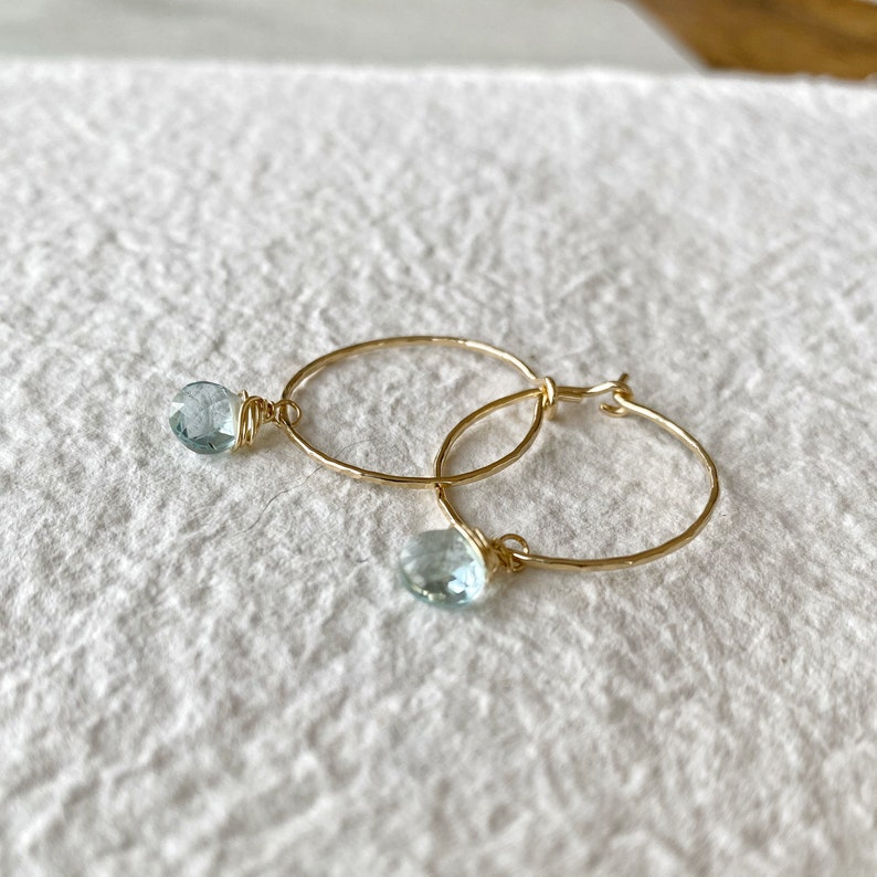 Aquamarine and Gold Hoop Earrings, Aquamarine Earrings, Aquamarine Jewelry, Green Hoop Earrings, Gemstone Summer Earrings, March Birthstone image 6