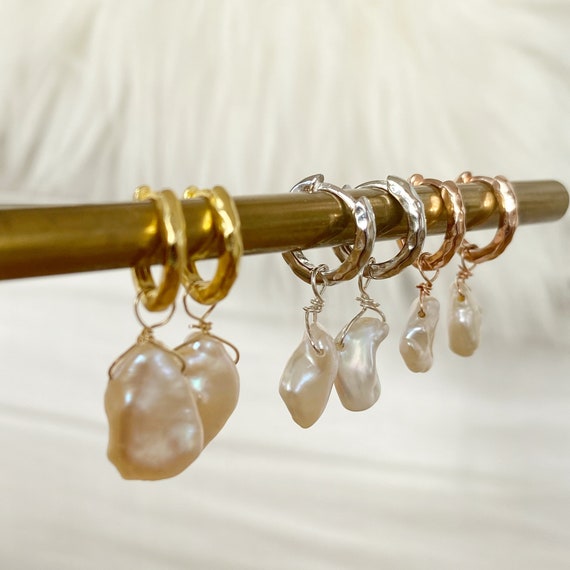 Huggie hoop pearl earrings in silver, gold and rose gold