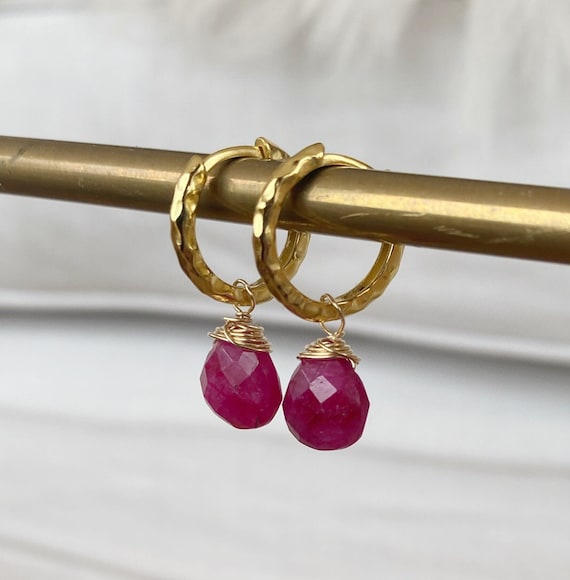 Ruby and gold huggie hoop earrings, Berry red earrings, Valentines earrings, Valentines gift