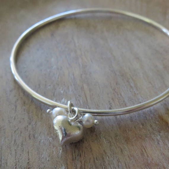 Sterling Silver Heart and Pearl bangle