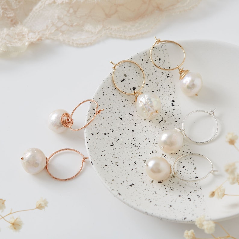 Large Kasumi Pearl Hoop Earrings, Gold Hoop Earrings, Sterling Silver Hoop Earrings, Rose Gold Hoop Earrings, Girlfriend Valentines gift image 1