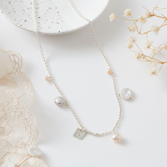 Asymmetric Pearl and Silver Boho Charm Necklace