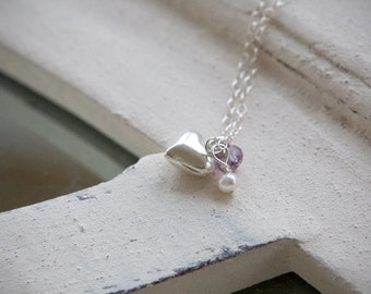 Silver Heart and Amethyst Necklace,February birthstone necklace, purple gemstone necklace