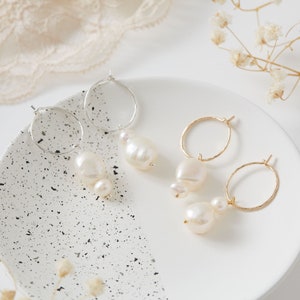 Double Pearl Asymmetric Hoop Earrings,baroque Hoop Earrings, birthday gift,Valentines gift, gifts for mothers, bridal earrings,June birthday image 1