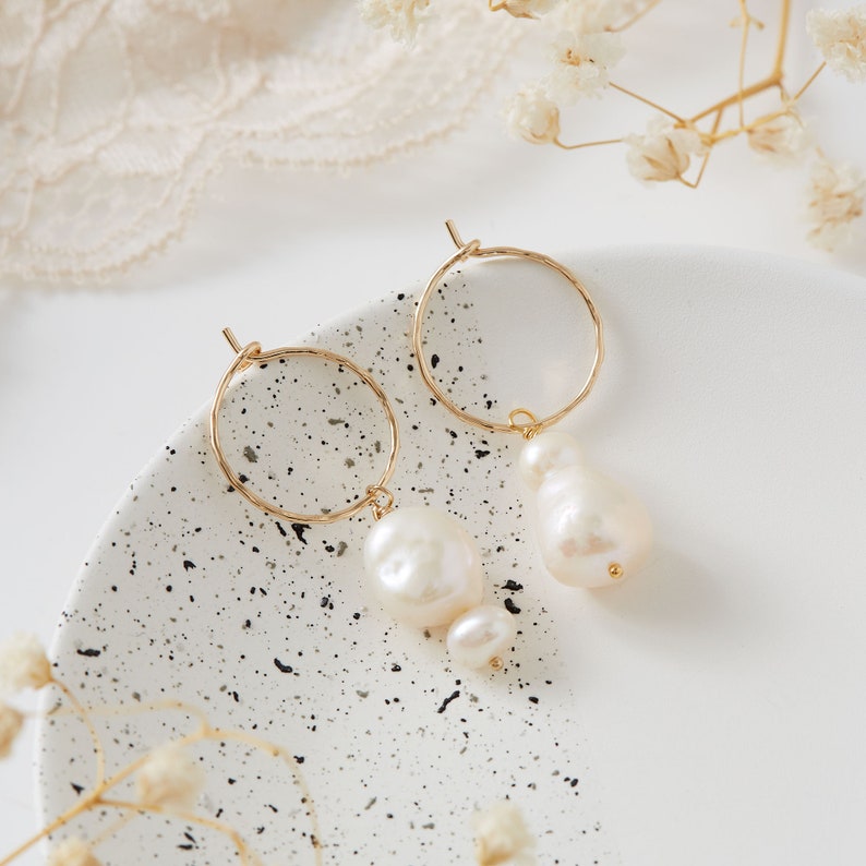 Double Pearl Asymmetric Hoop Earrings,baroque Hoop Earrings, birthday gift,Valentines gift, gifts for mothers, bridal earrings,June birthday image 3