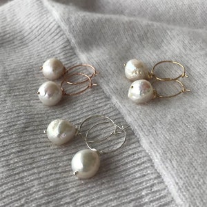 Big Pearl Hoop Earrings, Sterling Silver Hoops, Gold Hoops, Rose Gold Hoops, Pearl Hoop Earrings, Drop Earrings, Birth Stone Earrings