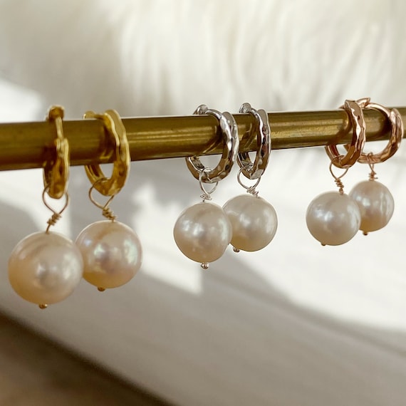 Pearl huggie hoops in sterling silver, gold vermeil or rose gold vermeil (sterling silver plated with 14k gold or rose gold)