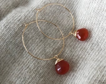 Carnelian Hoop Earrings, Hoop Earrings 14K Gold, Gemstone Briolette Earrings, Carnelian Jewellery, Orange Gemstone Earrings,