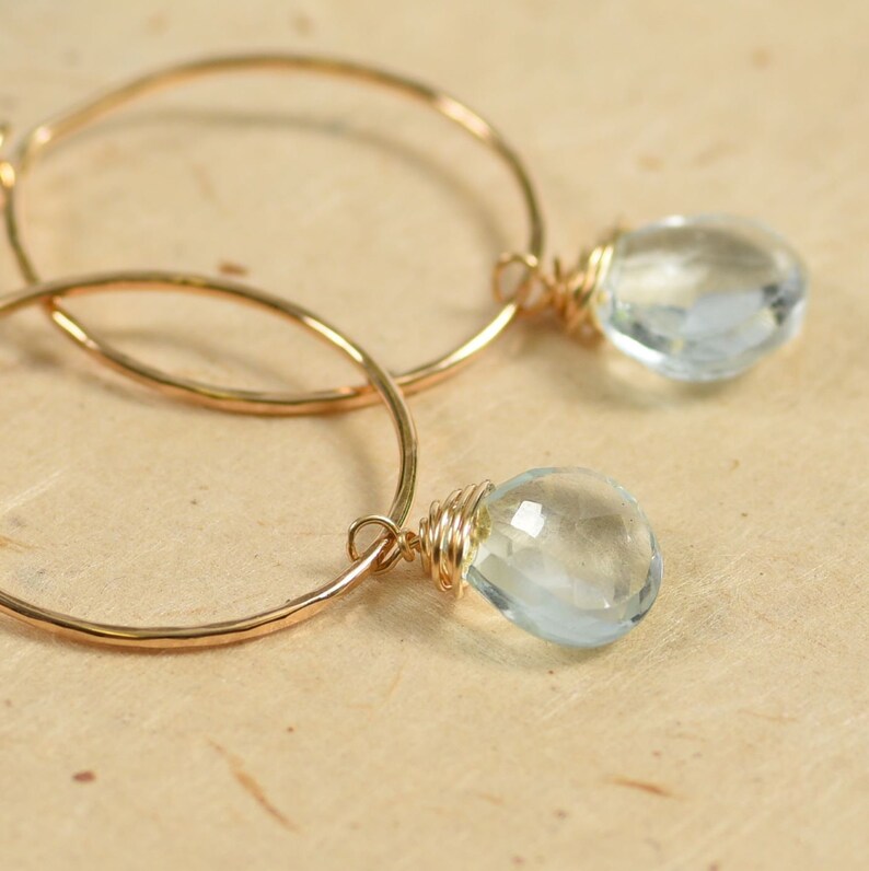 Aquamarine and Gold Hoop Earrings, Aquamarine Earrings, Aquamarine Jewelry, Green Hoop Earrings, Gemstone Summer Earrings, March Birthstone image 3