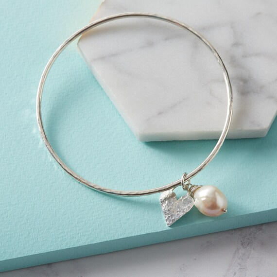 Sterling Silver Heart and Pearl Bangle