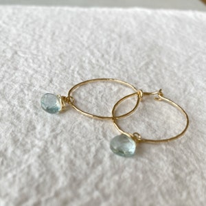 Aquamarine and Gold Hoop Earrings, Aquamarine Earrings, Aquamarine Jewelry, Green Hoop Earrings, Gemstone Summer Earrings, March Birthstone image 7