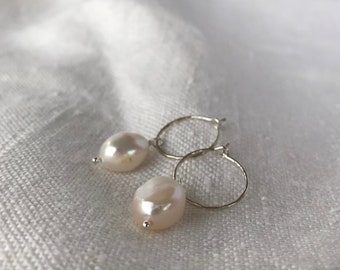 Pearl Hoop Earrings . Bridal Jewelry .Bridal Jewellery ,Gold Hoop Earrings . Organic Pearl Hoop Earrings . Big Pearl Earrings