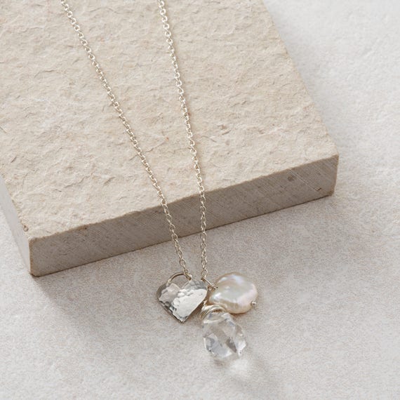 Raw Herkimer "Diamond", Keishi Pearl and Silver Artisan Heart Necklace